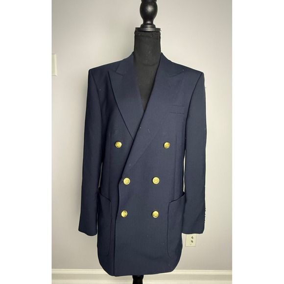 Other - Navy Blue Double Breasted Blazer Gold Crest Buttons Mens Oversized Womens Jacket